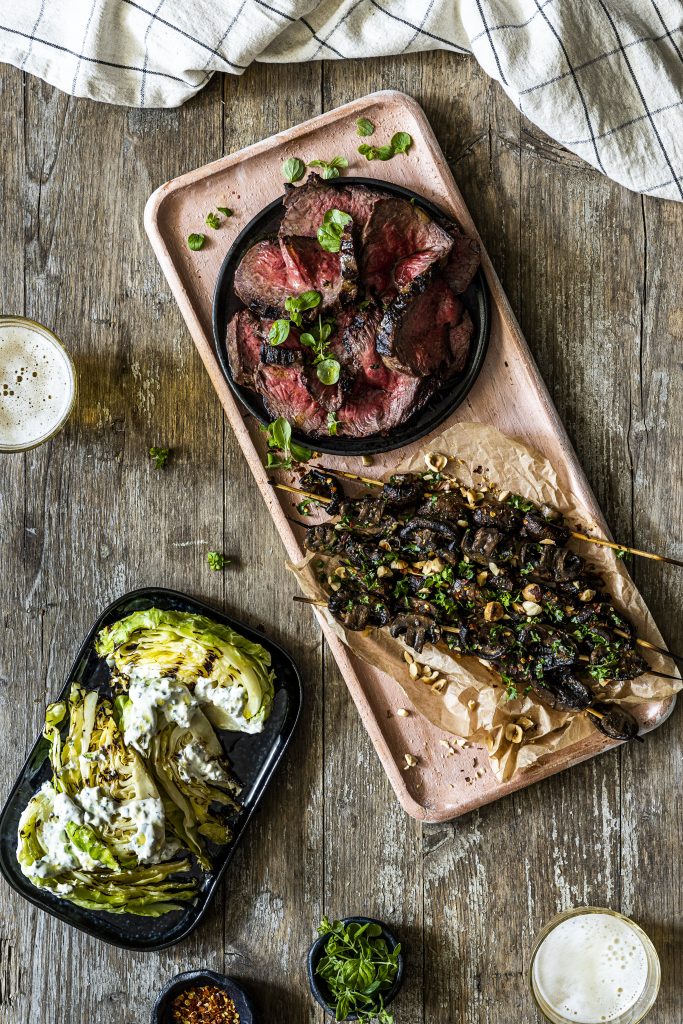 Grillað nauta-fille með jalapeno, kóríander og sveppaspjóti