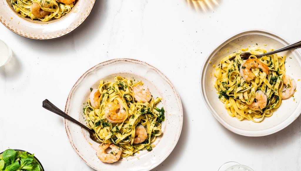 Tagliatelle með sítrónu og risarækjum