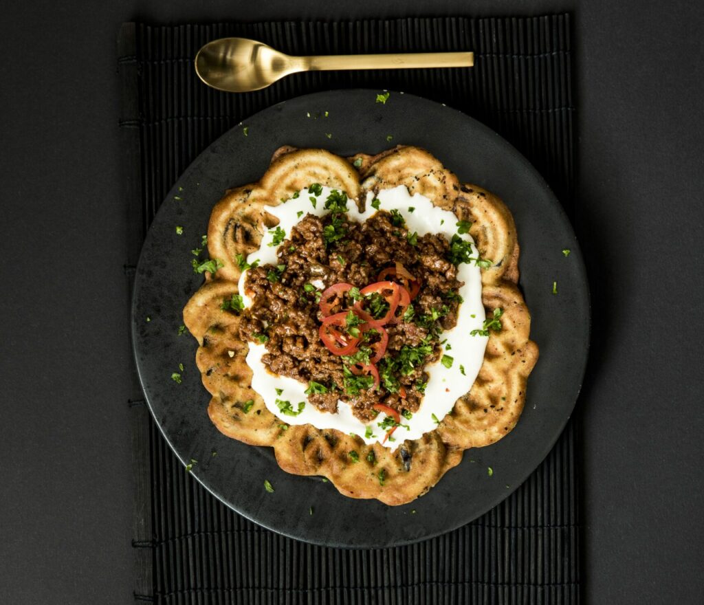 Vöfflur með eggaldini og hakki